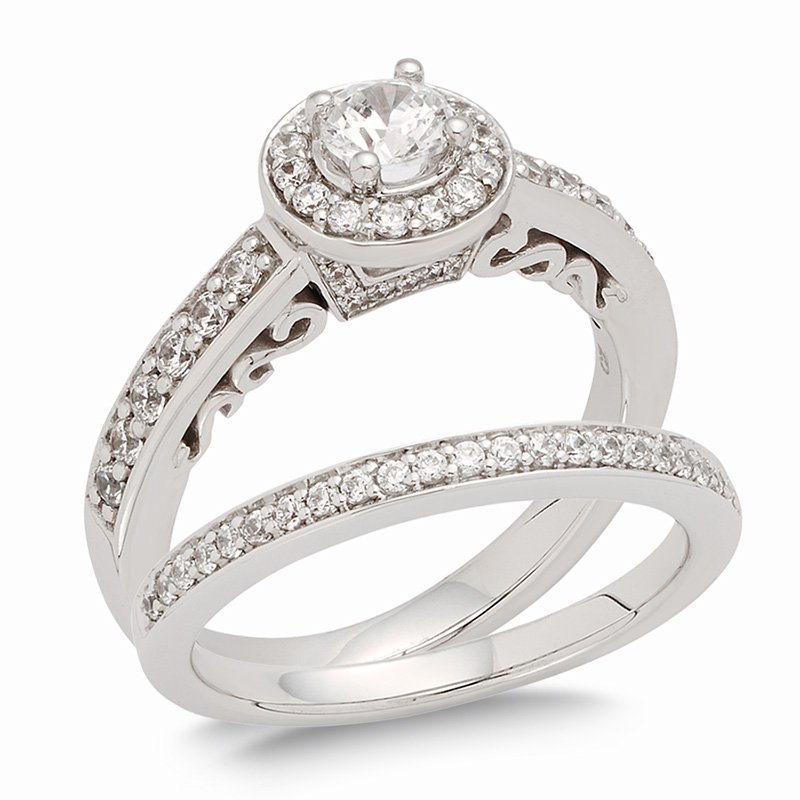 White gold, round diamond halo bridal set with milgrain