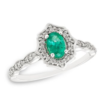 White gold, oval genuine emerald and diamond vintage-inspired fashion ring
