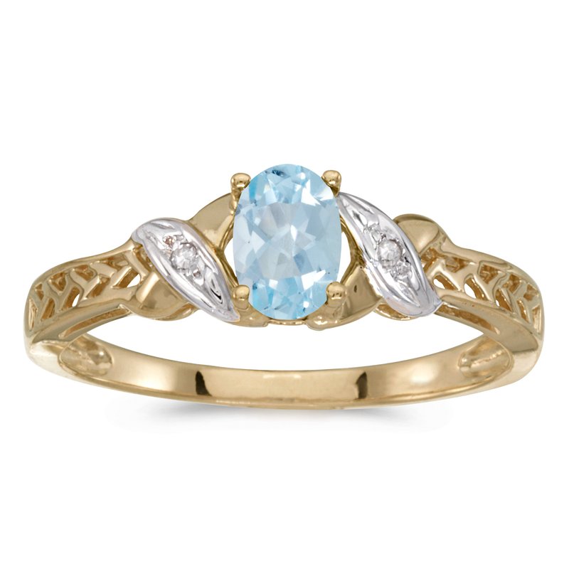 10k Yellow Gold Oval Aquamarine And Diamond Ring 