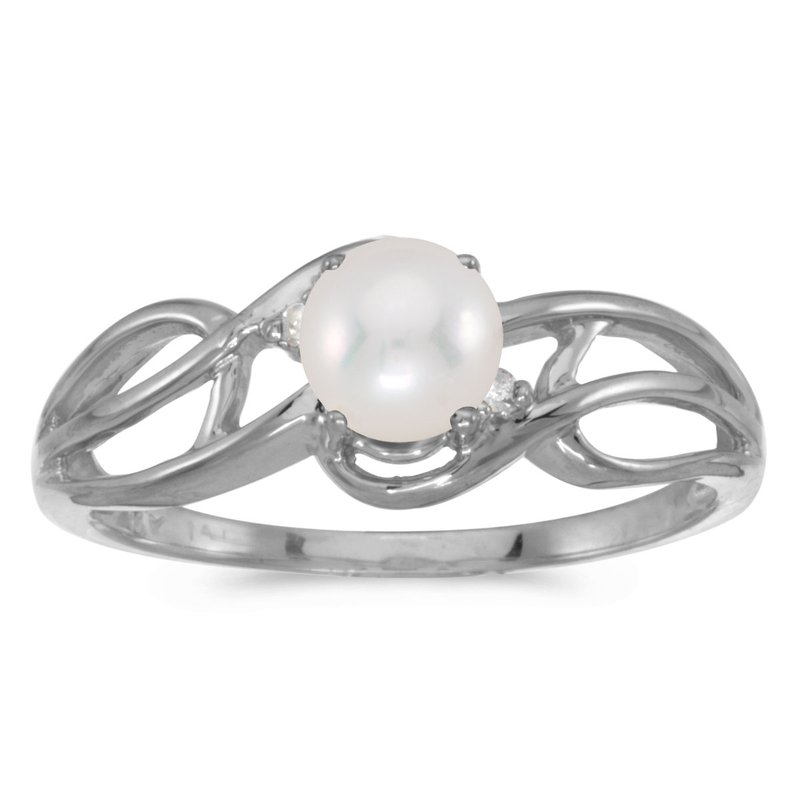 10k White Gold Freshwater Cultured Pearl And Diamond Curve Ring 