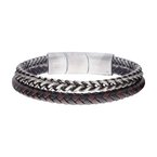 INOX Jewelry Multi Strand Leather and Stainless Steel Foxtail Chain Stacking Duo Bracelet