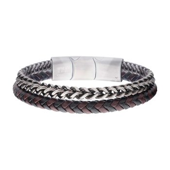 Multi Strand Leather and Stainless Steel Foxtail Chain Stacking Duo Bracelet BR42009
