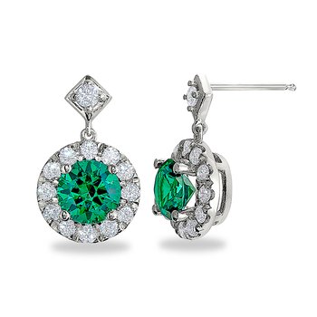 Sterling silver, cubic zirconia, and synthetic emerald round halo earrings
