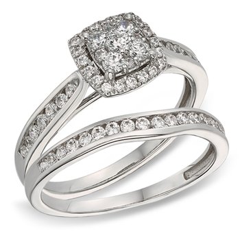 White gold, cushion-shape diamond cluster halo bridal set