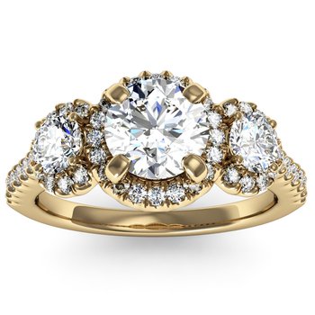 Pave Halo Three Stone Engagement Ring with Diamond Accents