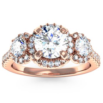 Pave Halo Three Stone Engagement Ring with Diamond Accents