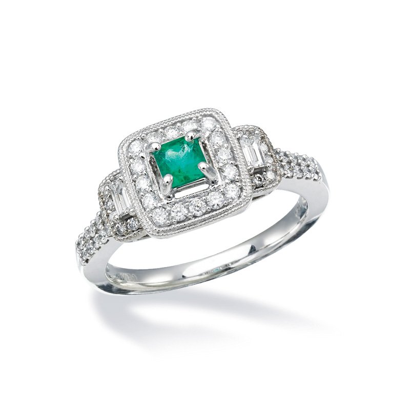 White gold, princess-cut genuine emerald and diamond halo ring