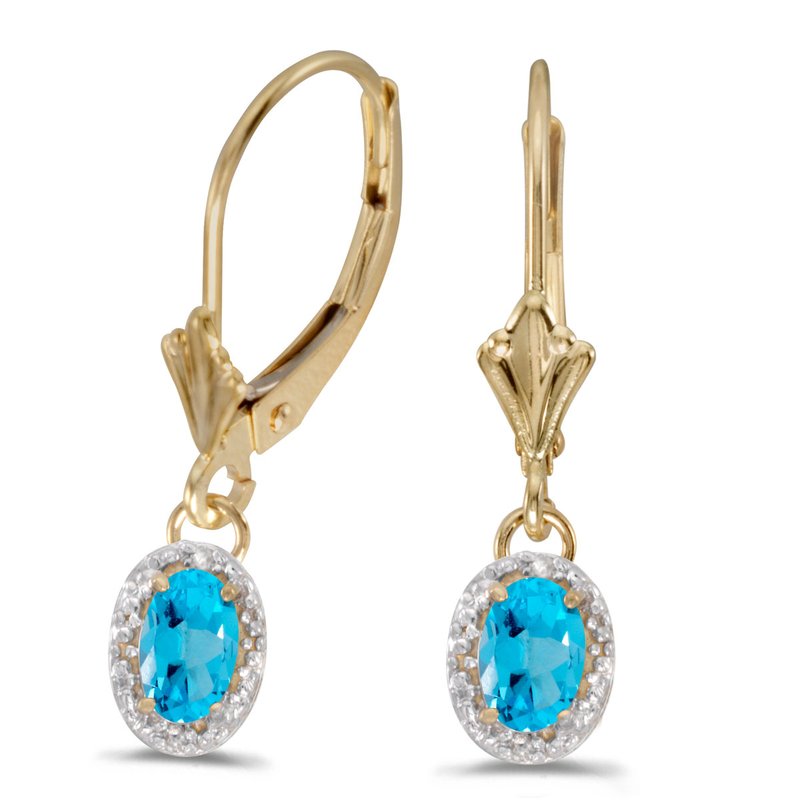 14k Yellow Gold Oval Blue Topaz and Diamond Earrings 