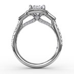 Three-Stone Diamond Halo Engagement Ring With Baguette Side Stones