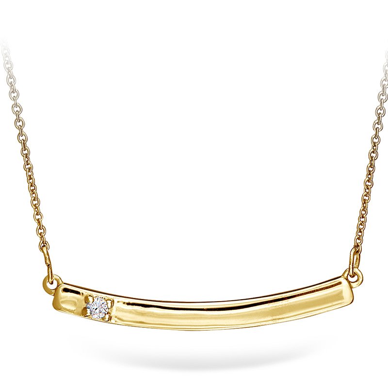 Yellow gold and round diamond solitaire curved bar necklace