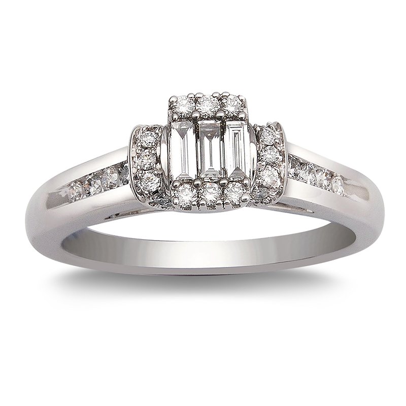 Affinity white gold, baguette and round diamond engagement ring