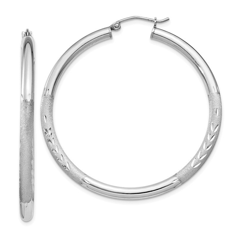 Sterling Silver Rhodium-plated Satin Diamond-Cut Hoop Earrings 