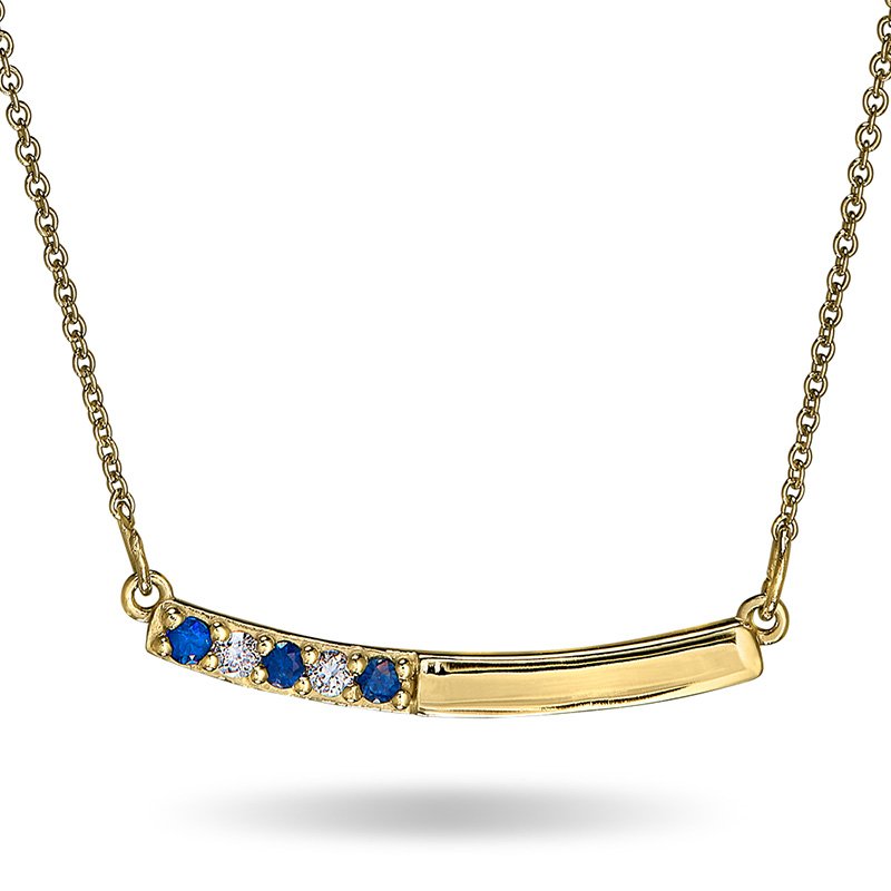 Yellow gold, genuine sapphire and diamond curved bar necklace