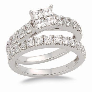 White gold, princess diamond bridal set with round diamonds on shank