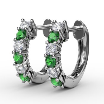 Shared Prong Emerald And Diamond Hoop Earrings