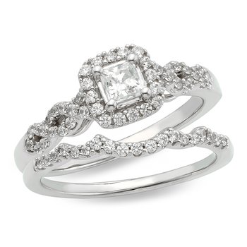 White gold and princess diamond halo bridal set