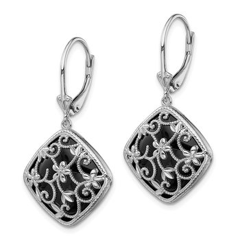Sterling Silver Rhodium-plated Textured and D/C Onyx Leverback Earrings
