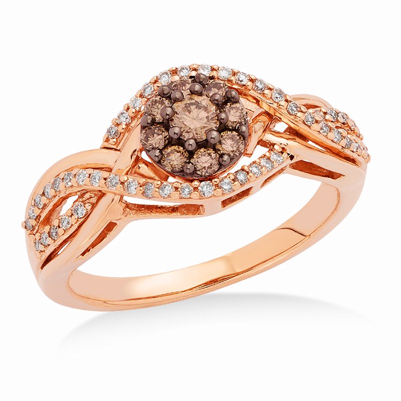 Rose gold with caramel and white diamonds round halo ring
