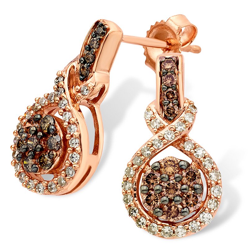 Rose gold, round, caramel and white diamond halo dangle earrings