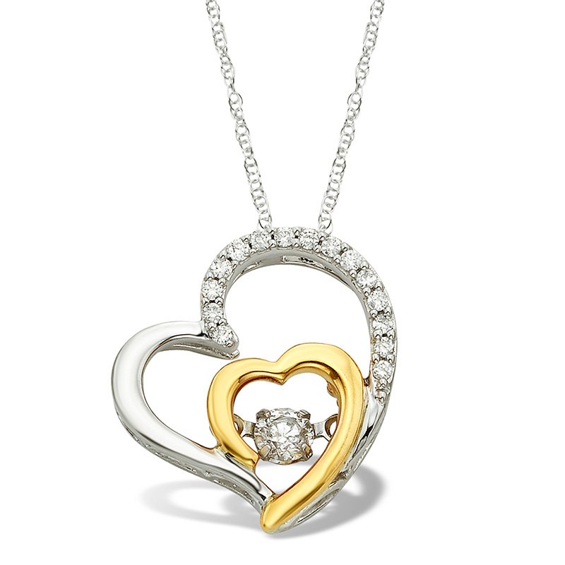 Two-tone gold, double heart pendant with twinkling diamond and accent diamonds