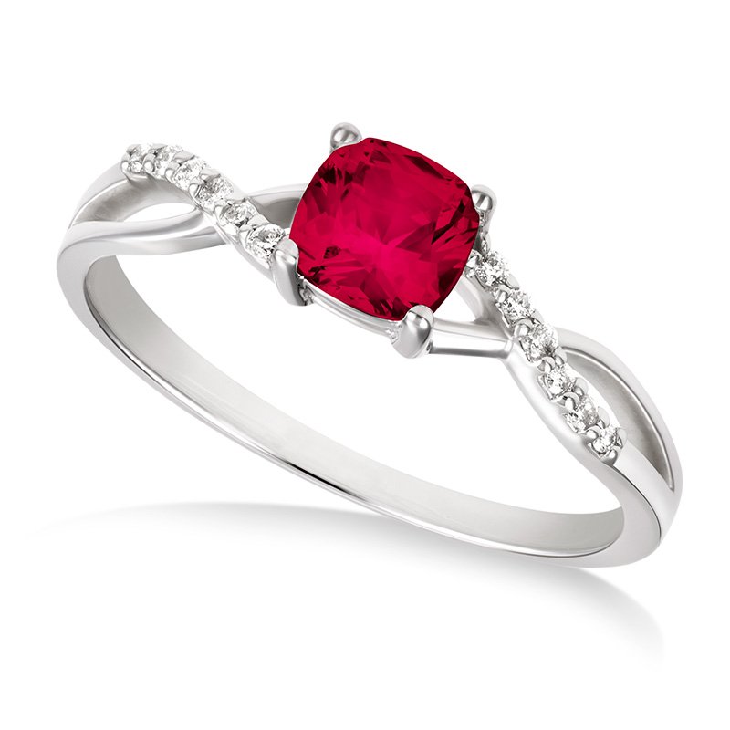 White gold, cushion-cut created ruby and diamond ring with split shank