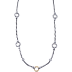 Alisa VHN 1226 D 5 Round Sterling & Yellow Gold Station with 2 Round Diamond Stations Box Chain Necklace VHN 1226 D