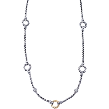 VHN 1226 D 5 Round Sterling & Yellow Gold Station with 2 Round Diamond Stations Box Chain Necklace