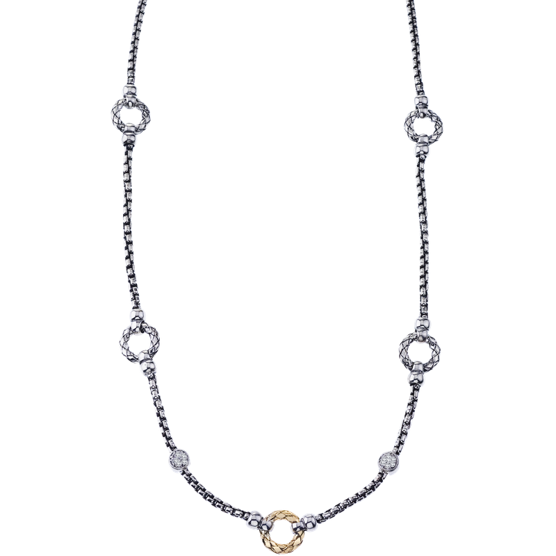 Alisa VHN 1226 D 5 Round Sterling & Yellow Gold Station with 2 Round Diamond Stations Box Chain Necklace VHN 1226 D