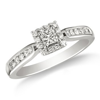 White gold, princess-cut and round diamond halo engagement ring