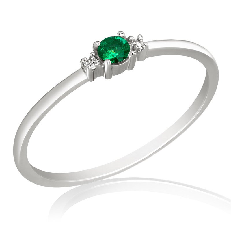 White gold, round genuine emerald, petite diamond fashion ring