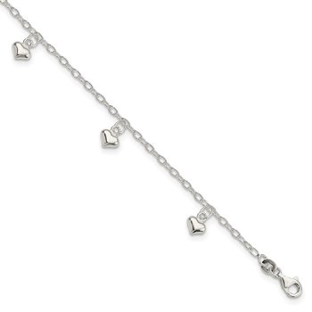 Sterling Silver Polished Puffed Heart 9in Plus1in Ext Anklet