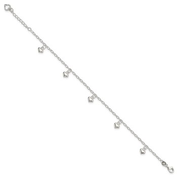 Sterling Silver Polished Puffed Heart 9in Plus1in Ext Anklet