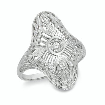 White gold, vintage-design ring with bezel-set diamond