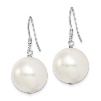 Sterling Silver Rhodium Plated 14-15mm White Shell Round Bead Dangle Earrings