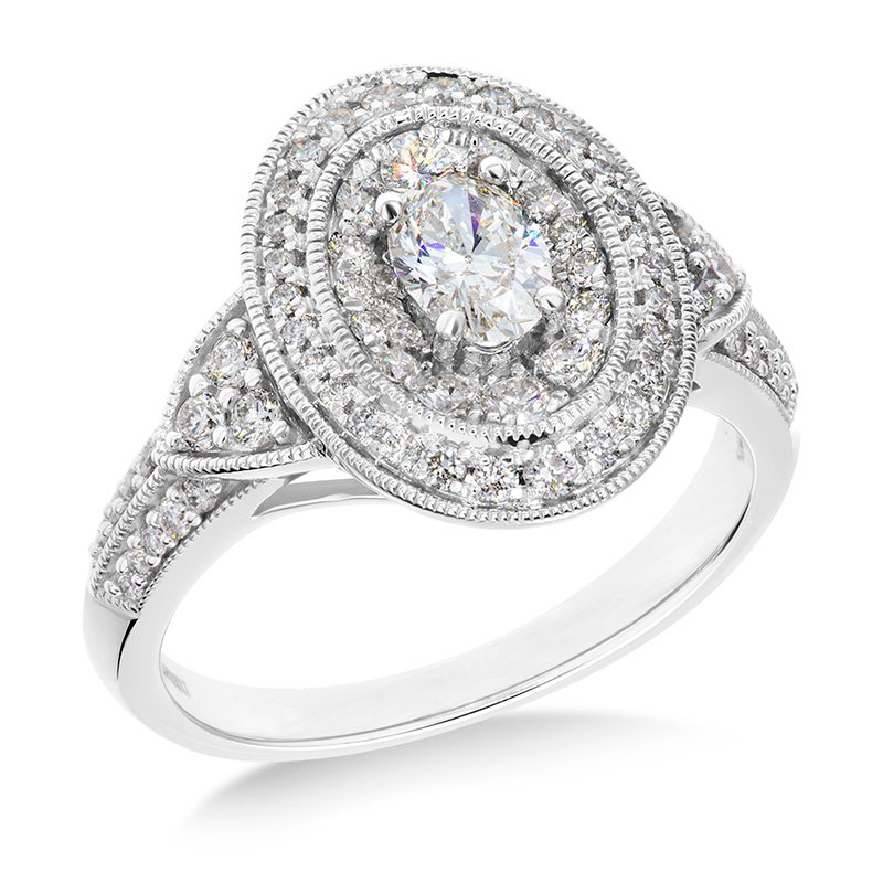 White gold, vintage-inspired double oval diamond halo fashion ring