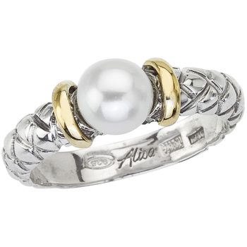 VHR 1023 PRL Pearl Center, 2 Yellow Gold Rondelles Sterling Traversa Ring