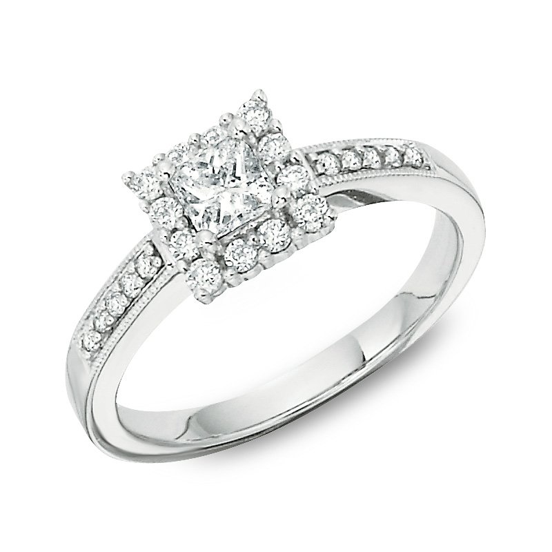 White gold, princess diamond halo beaded engagement ring