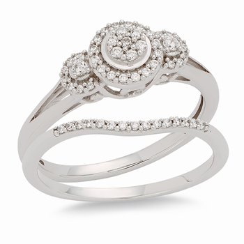 White gold, round diamond halo bridal set with 3-stone look