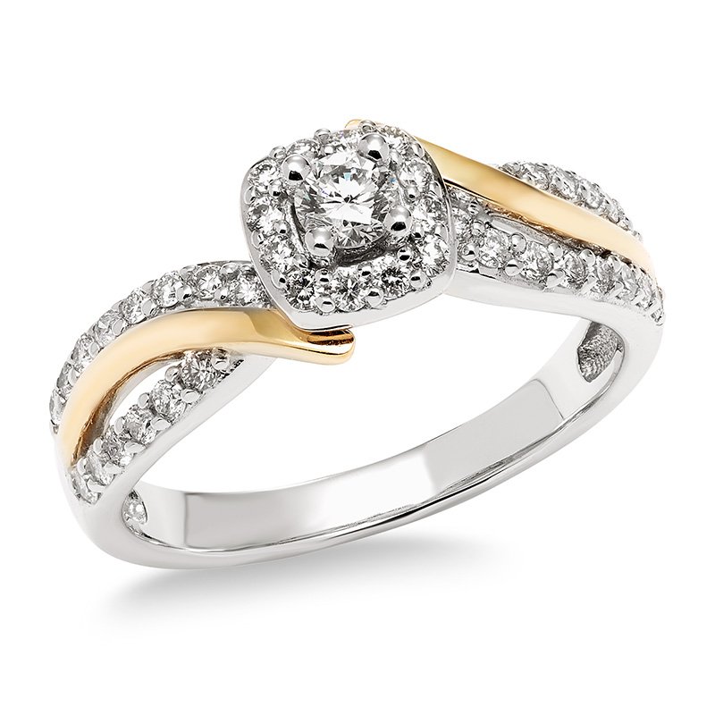 Two-tone gold, princess-cut diamond halo engagement ring