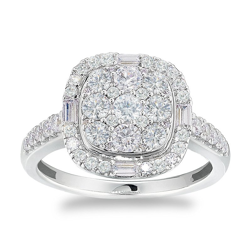 White gold, cushion-shape diamond halo engagement ring