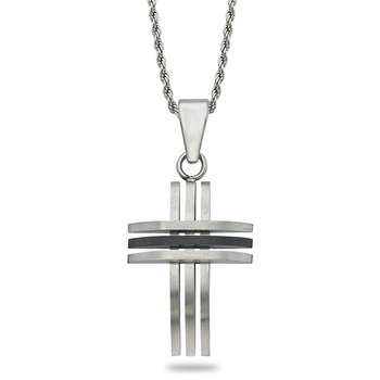 Stainless Steel, 3-stripe design cross pendant with center black stripe