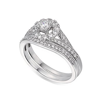 White gold, round diamond halo engagement ring with split shank