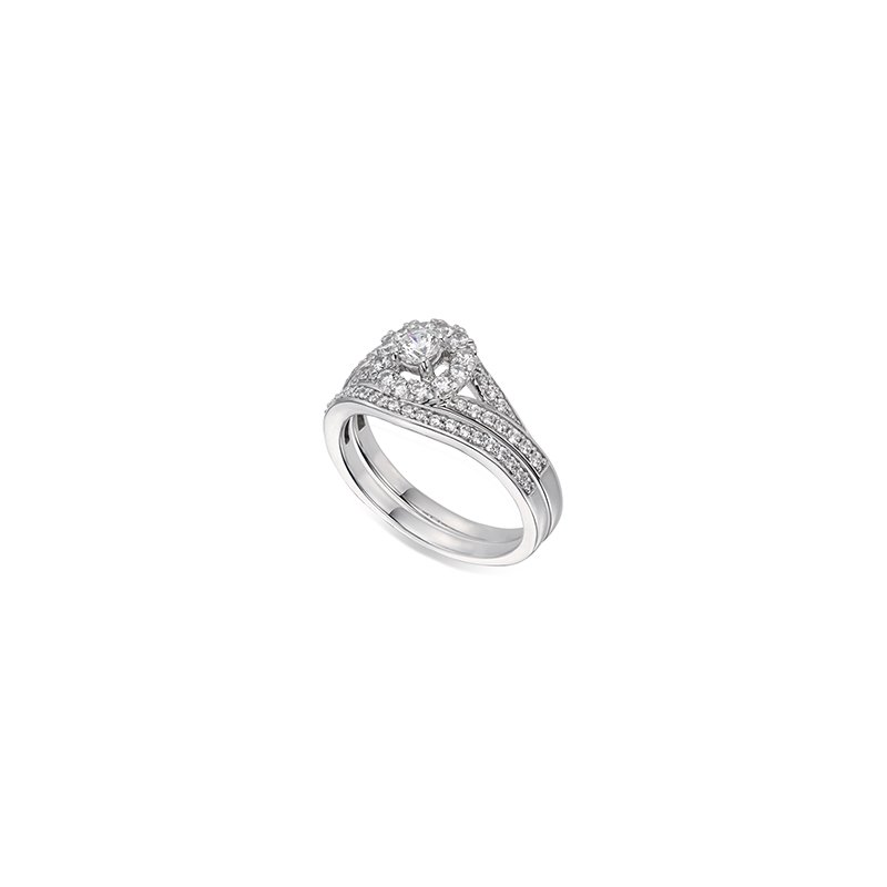White gold, round diamond halo engagement ring with split shank