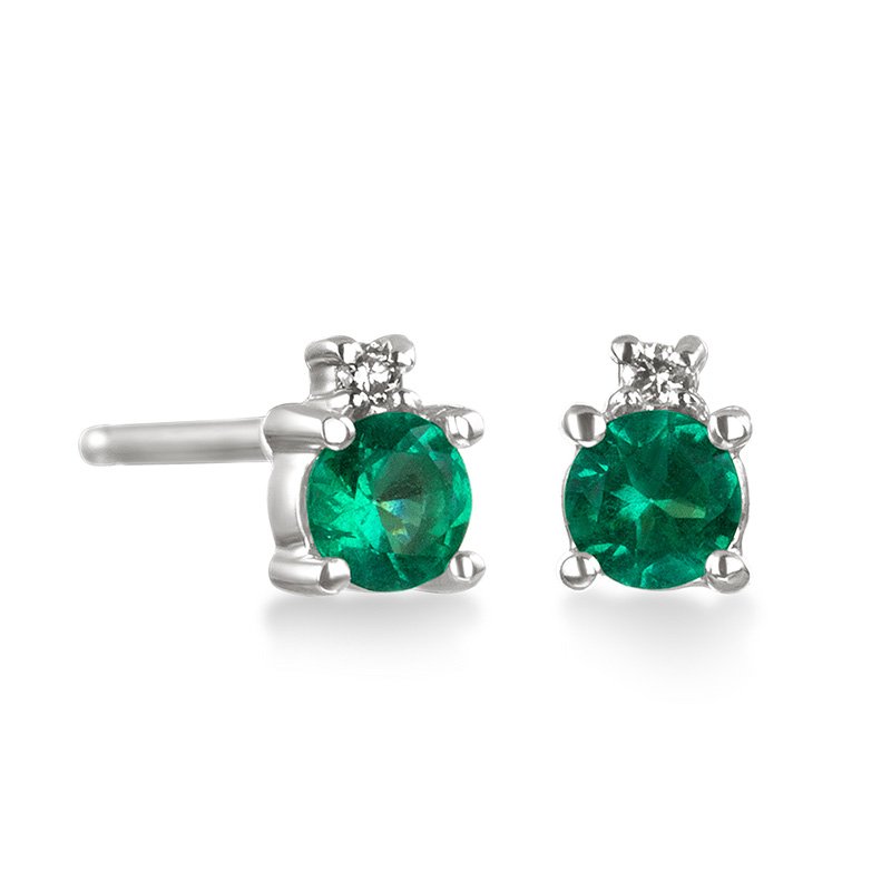White gold, genuine emerald and diamond petite stud earrings