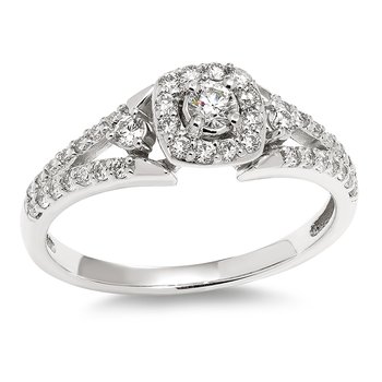 White gold, cushion-shape diamond halo engagement ring