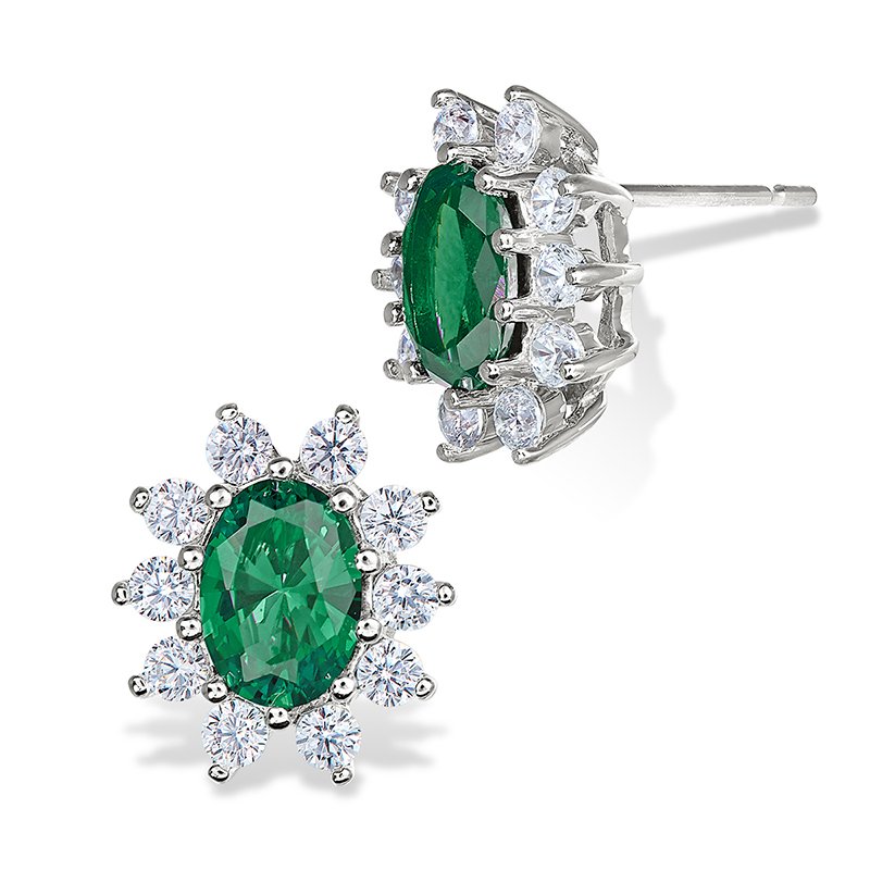 Sterling silver, cubic zirconia, and synthetic emerald oval fashion earrings