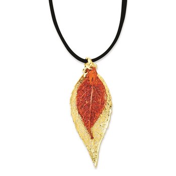 24k Gold and Iridescent Copper Dipped Double Real Evergreen Leaves 20 inch Leather Cord Necklace