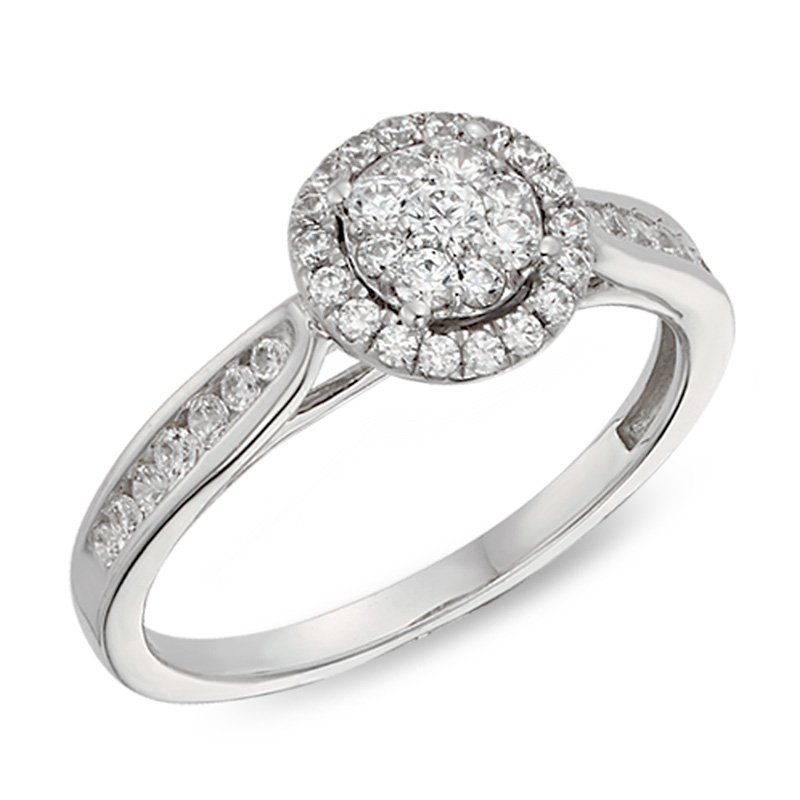 White gold, round diamond cluster halo engagement ring