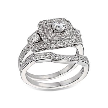 White gold, cushion-shape double round diamond halo engagement ring