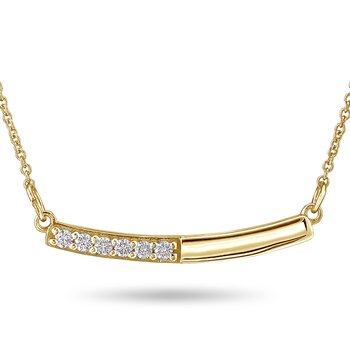 Yellow gold and round diamond curved bar necklace